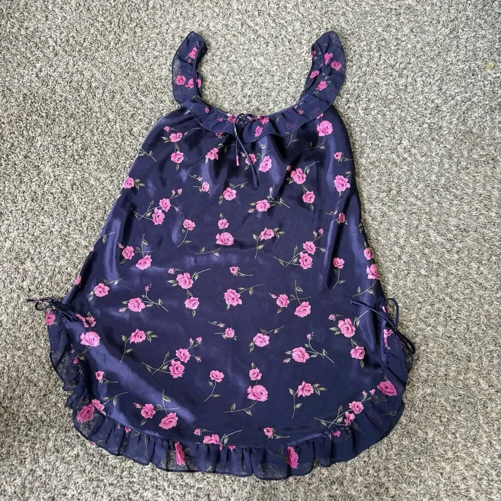 VTG Cinema Etoile Blue Pink Floral Satin Babydoll Lingerie Slip Dress Y2K 90s M